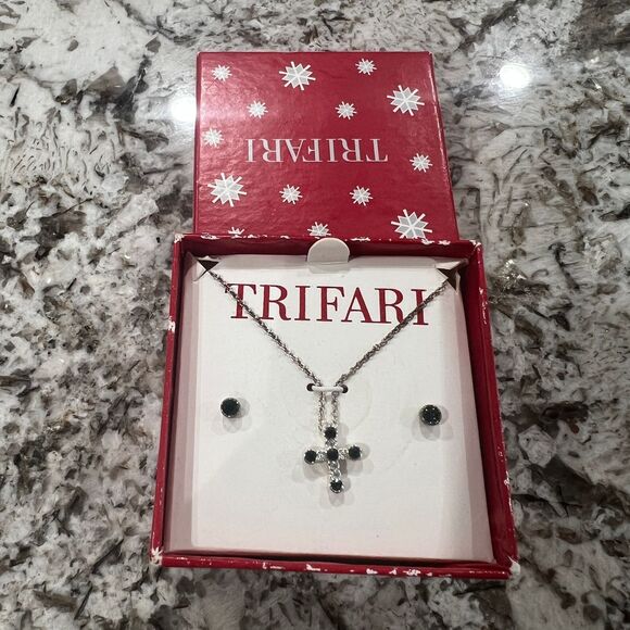Trifari Silver-Tone Cross Pendant Necklace and Earrings Set - Picture 1 of 2